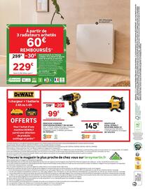 Catalogue Leroy Merlin page 32: DEWALT SOUFFLEUR AXIAL €145,00, DEWALT PERCEUSE VISSEUSE PERCUSSION 18V 65 NM €99,00