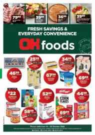 OK Foods catalogue Page 1: Hug in a Mug Cappuccino Sticks €58,99, Pre-Cut Roast Vegetable Mix €39,99