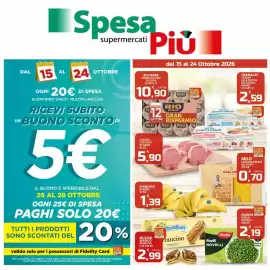 Volantino SpesaPiù Supermercati Pagina 1: Tonno all'olio di oliva Rio mare €10,90, Findus Piselli Novelli €2,19