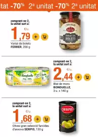 Folleto BonpreuEsclat Página 37: Serpis olives gran selecció farcides d'anxova €1,68, Ferrer variat de bolets €1,79