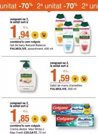 Folleto BonpreuEsclat Página 48: Colgate Max White o Max Fresh €1,85, Palmolive sabó de mans d'ametlles €1,59