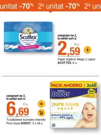 Folleto BonpreuEsclat Página 50: Dodot toallitas infantiles pure aqua €6,69, Scottex paper higiènic Mega 2 capes €2,59