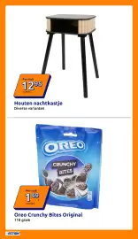 Action folder week 43 Pagina 32: Houten nachtkastje €12,95, Oreo Crunchy Bites Original €1,49