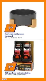 Action folder week 43 Pagina 4: Voerbakje met bamboe standaard €1,99, C&C spanband met ratelsluiting €3,99
