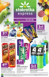 Stokrotka Express gazetka tydzień 42 Strona 1: Napój energetyczny Rev Up Classic €1,99, Mus Tymbark banan-jagoda €3,79