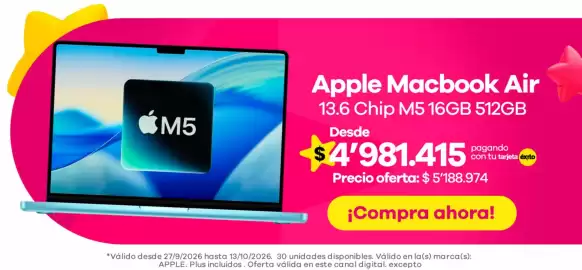Catálogo Éxito Página 9: Apple Macbook Air 13.6 Chip M5 16GB 512GB €4.981.415,00