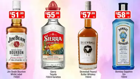 Liquor Stax catalogue Page 10: Bombay Sapphire Gin €58,99, Jim Beam Bourbon White Label €51,99