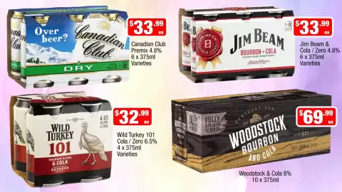 Liquor Stax catalogue Page 12: Jim Beam Bourbon & Cola Varieties €33,99, Woodstock & Cola 8% €69,99