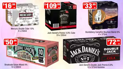 Liquor Stax catalogue Page 13: Bundaberg Campfire Bourbon Barrel €33,99, Jack Daniel's Premix 4.8% Cube €109,99