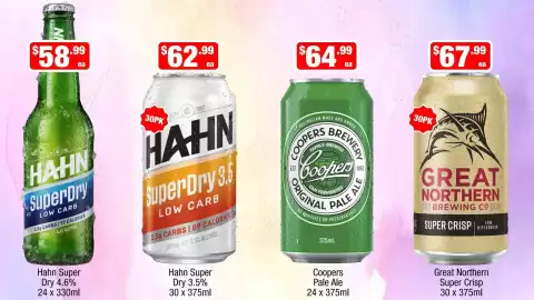 Liquor Stax catalogue Page 2: Great Northern Super Crisp €67,99, Hahn Super Dry 3.5% €62,99