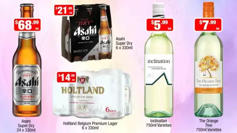 Liquor Stax catalogue Page 3: Holtland Belgium Premium Lager €14,99, Asahi Super Dry €21,99