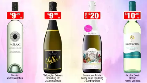 Liquor Stax catalogue Page 4: Jacob's Creek Classic 750ml Varieties €10,99, Meraki Sauvignon Blanc €9,99