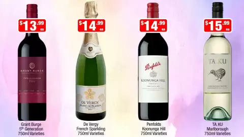Liquor Stax catalogue Page 6: TA_KU Marlborough 750ml Varieties €15,99, Grant Burge 5th Generation Varieties €13,99