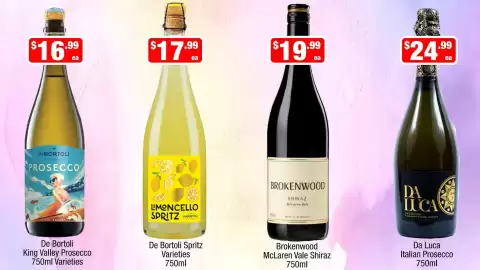 Liquor Stax catalogue Page 7: Da Luca Italian Prosecco €24,99, De Bortoli King Valley Prosecco Varieties €16,99