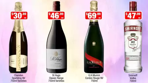 Liquor Stax catalogue Page 8: Smirnoff Vodka €47,99, Chandon Sparkling NV 750ml Varieties €30,99