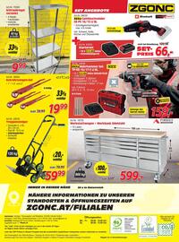 Zgonc Flugblatt Seite 24: Werkstattwagen + Werkbank Edelstahl €599,00, Schraubregal verzinkt €9,99