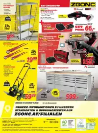 Zgonc Flugblatt Seite 24: Werkstattwagen + Werkbank Edelstahl €599,00, Schraubregal verzinkt €9,99