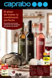 Catálogo Caprabo Página 1: Montbrú - formatge sarro de bufala seminadrat €30,50, Etim - vi blanc, rosat o burger €7,95