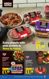 Lidl leaflet week 43 Page 10: High Protein 4 British Beef Quarter Pounders €2,39, High Protein 6 British Pork Sausages €1,59