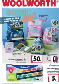 Woolworth Prospekt Seite 1: Pelikan Farbkasten €5,00, 3-teiliges Schulranzen-Set €50,00