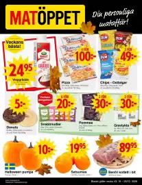 Matöppet reklamblad vecka 43 Sida 1: Benfri kotlett i bit €89,95, Donuts €5,00