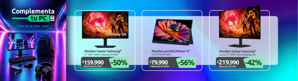 Catálogo PC Factory Página 4: Monitor portatil master g €79.990,00, Samsung - monitor gamer €219.990,00