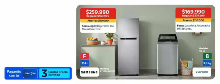 Catálogo Lider Página 1: Fensa - lavadora automatica €169.990,00, Samsung - refrigerador top mount no frost €259.990,00