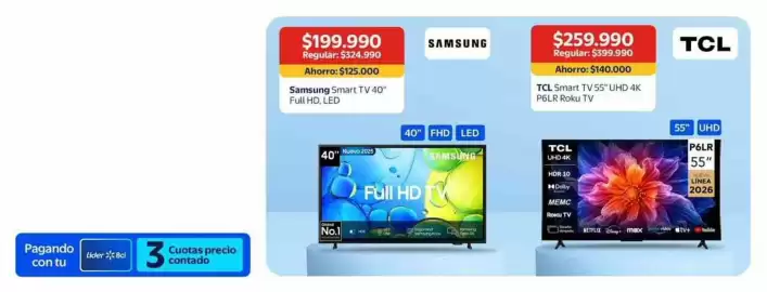 Catálogo Lider Página 3: Samsung - smart tv 40'' full hd, led €199.990,00, Tcl - smart tv 55 uhd 4k p6lr roku tv €259.990,00