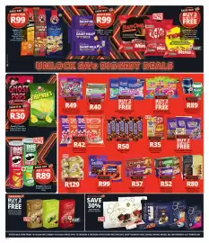 Checkers catalogue Page 6: Cadbury Whispers/ Tumbles All Variants €99,00, Snickers Wafer Rolls €50,00