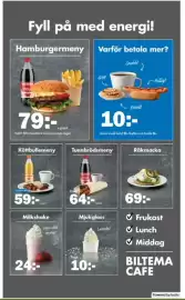 Biltema reklamblad Sida 18: Korv med bröd Kaffe och bulle €10,00, Hamburgermeny €79,00