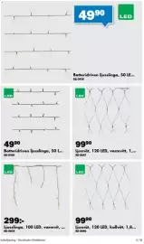 Biltema reklamblad Sida 6: Ljusnät, 120 LED, varmvitt €99,90, Ljusslinga, 100 LED, varmvit, ... €299,00
