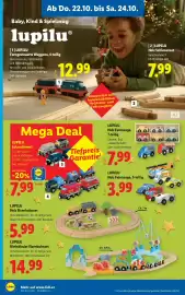 Lidl Flugblatt woche 43 Seite 24: LUPILU Ferngesteuerte Waggons, 4-teilig €12,99, LUPILU Holz Schienenset €7,99