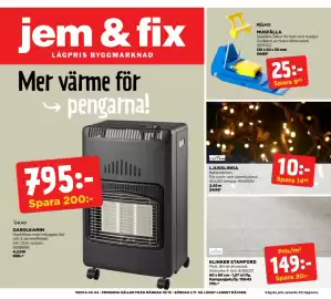 Jem&Fix reklamblad Sida 1: KLINKER STAMFORD €149,00, GASOLKAMIN €795,00