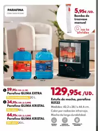 Catálogo BricoCentro Página 16: Estufa de mecha, parafina rs122 €129,95, Qlima - parafina kristal sin olor - 20l €64,95