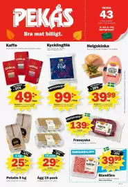 Pekås reklamblad vecka 43 Sida 1: Ivars kycklingfilé €99,00, Gevalia kaffe €49,00