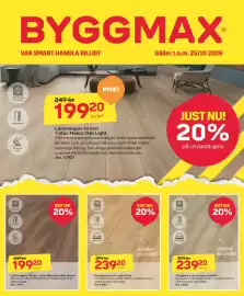 Byggmax reklamblad vecka 43 Sida 1: Vinylgolv 6 mm 1-stav Helsinki €239,20, Laminatgolv 10 mm 1-stav Makro Oak Light €199,20