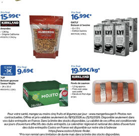Catalogue Costco semaine 43 page 2: OATLY Boisson à l'avoine €16,99, KIRKLAND Signature Pavés de saumon €19,99