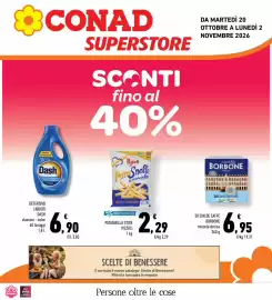 Volantino Conad Superstore Pagina 1: Patasnella stick Pizzoli €2,29, Cialde caffè Borbone €6,95