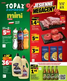 Topaz Express gazetka tydzień 43 Strona 1: Napój Pepsi/Mirinda/7up/Mountain Dew €5,99, Płyn do prania Woolite €36,99