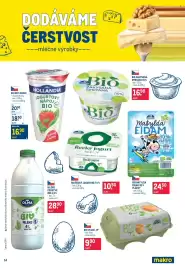 Makro leták Strana 14: BIO MATYLDA EIDAM 30 % PLÁTKY €24,50, BIO ŘECKÝ JOGURT BÍLÝ 0 % €10,50