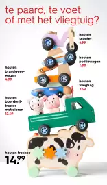 HEMA Flugblatt Seite 5: Houten trekkoe €14,99, Houten boerderij-tractor met dieren €12,49