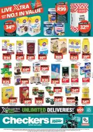 Checkers catalogue Page 1: Snowflake Custard Powder €25,00, Eureka Mills Premix €69,00