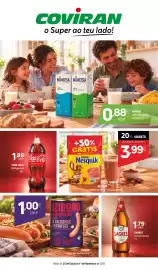Folheto Coviran Página 1: Nesquik chocolate em pó €3,99, Sagres cerveja branca €1,79