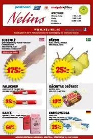 Nelins reklamblad vecka 43 Sida 1: Hatting rågbitar osötade €19,90, Falukorv Andersson & Tillman €95,00