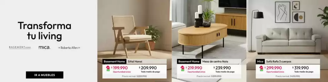 Catálogo Linio Página 1: Sofárafa 3 cuerpos €299.990,00, Mesa de centro nola €219.990,00