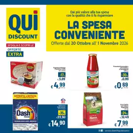 Volantino Qui Discount Pagina 1: Crocchette con manzo Pappadog €7,99, Dash+ Power €14,90