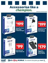 Pick n Pay catalogue Page 12: Supa Fly 2.4A Type C Cable 2M €99,00, Supa Fly 3.4A Dual Type C Wall Charger €199,00