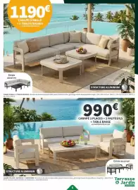 Catalogue Conforama page 5: Canape dangle + 2 tables basses €1.190,00, Canape 3 places + 2 fauteuils + table basse €990,00