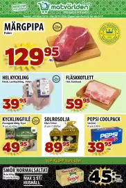 Matvärlden Tensta reklamblad vecka 43 Sida 1: MÄRGPIPA €129,95, HEL KYCKLING €39,95
