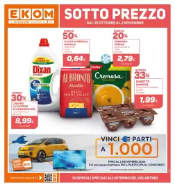 Volantino Ekom Pagina 1: Samsung Crystal UHD €1,00, Cremosa Findus Zucca e Carote €2,79